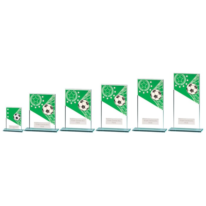 MUSTANG GREEN/SILVER FOOTBALL GLASS TROPHY -  6 SIZES - 8CM - 18CM